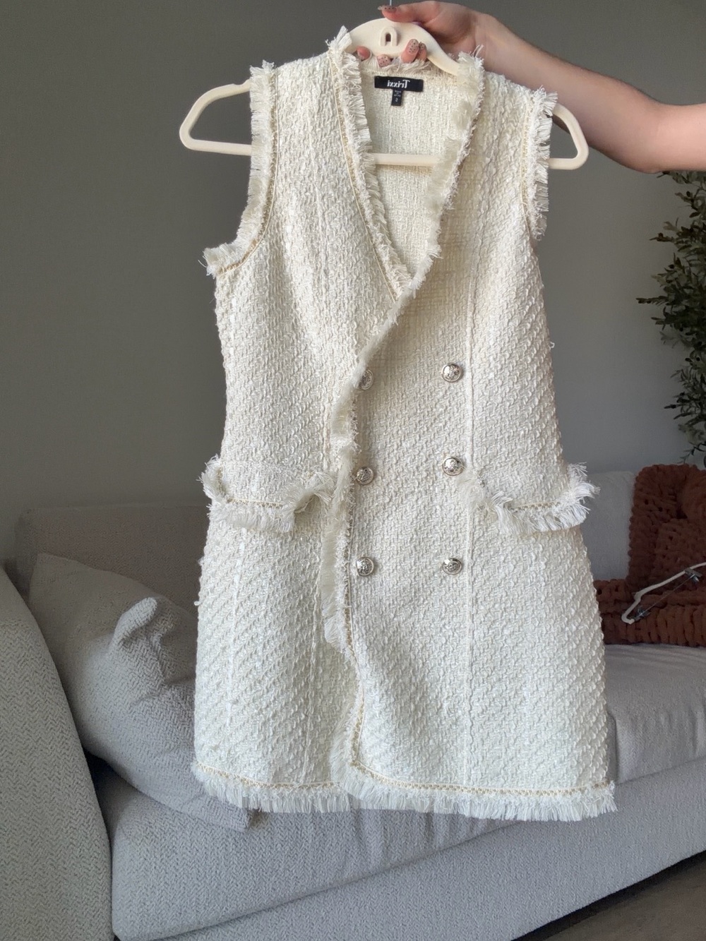Trixxi Ivory Tweed Double-Breasted Sleeveless Vest
